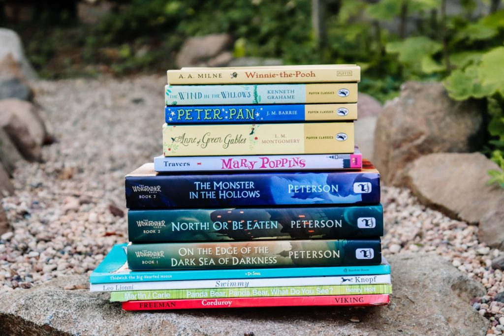 Stack of well written childrens books both modern and contemporary stacked neatly on a rock outside